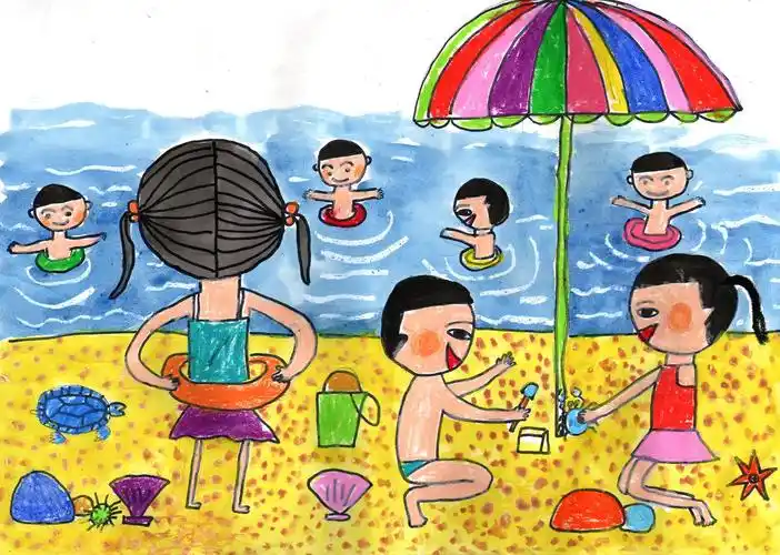 夏天海边儿童画-沙滩狂欢