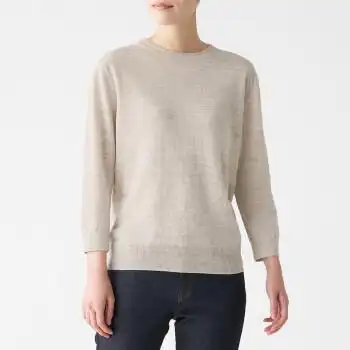 无印良品muji女式法国亚麻圆领针织衫bac71a0s米色s