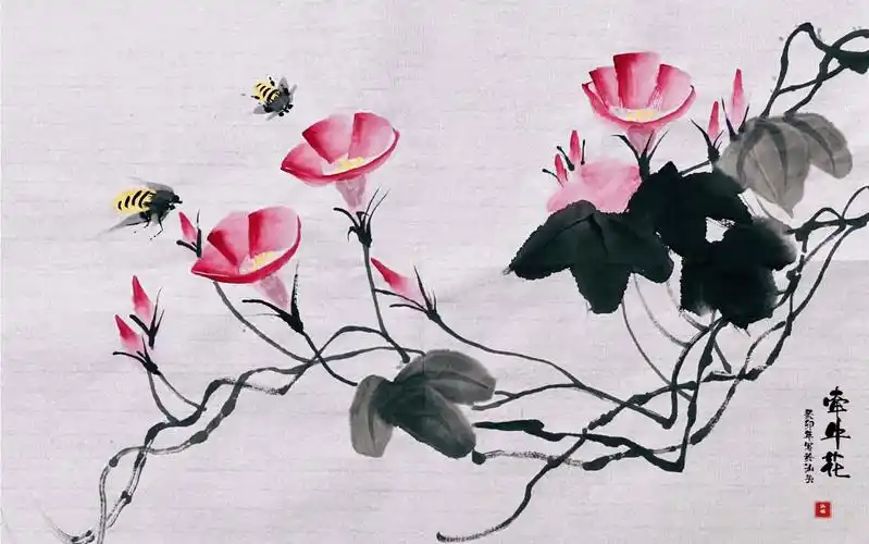 国画牵牛花蜜蜂