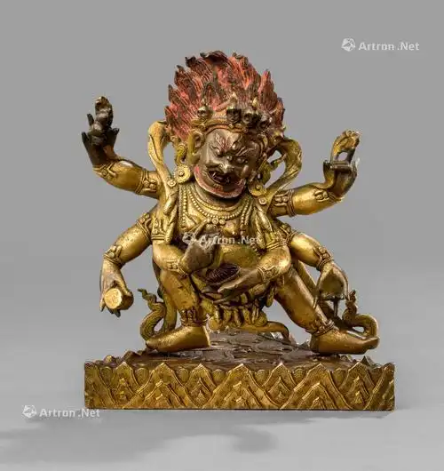0108 清18世纪,汉藏风格 铜鎏金六臂大黑天忿怒相左展姿铜立像