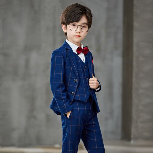 男童小西装洋气格子春秋新款儿童摄影演出礼服加绒套装婚礼花童