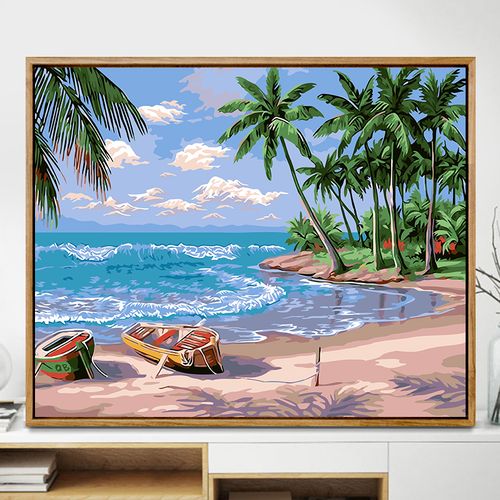 diy油彩画手绘风景数字油画简单填色数码画客厅装饰挂画假日海滩