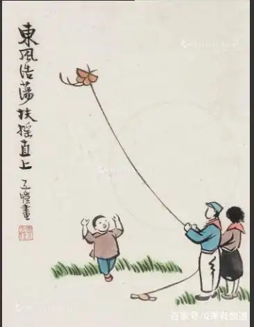 品读:本幅《杨柳青放风筝》是现代国画大师李可染的水墨画作品.