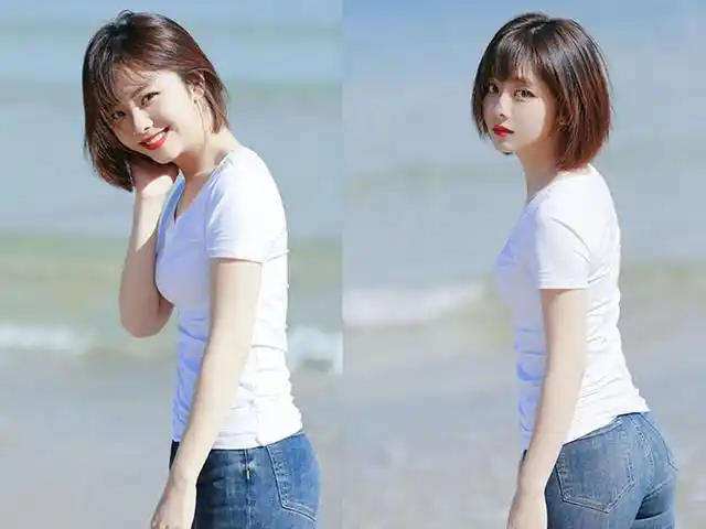 谭松韵在海边拍大片穿浅色短袖搭配深色牛仔裤状态不输00后