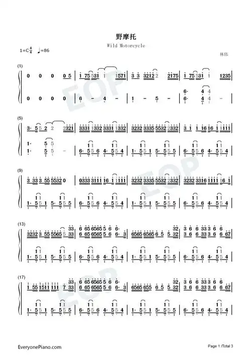 野摩托-原版-我想邀请你坐上我的野摩托-抖音双手简谱预览1