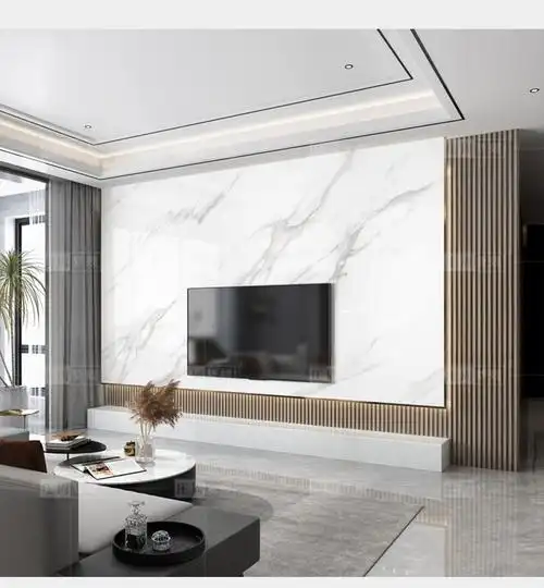 木格栅岩板悬空电视背景墙2021年新款轻奢风瓷砖大理石电视机大板的