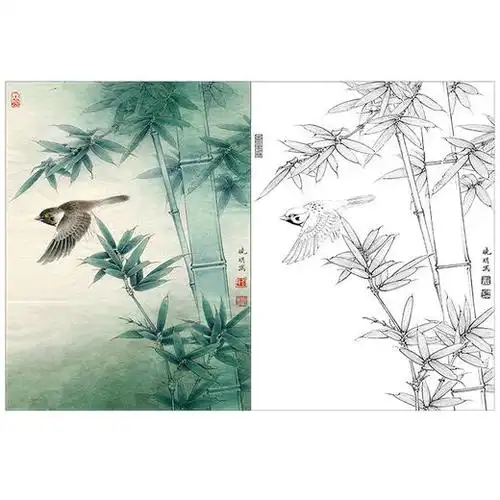 李晓明工笔花鸟白描底稿麻雀翠竹图斗方小品册页k112