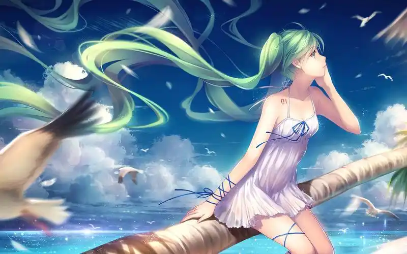 壁纸 初音未来,绿色的头发动漫女孩,海鸥,海 1920x1200 hd 高清壁纸