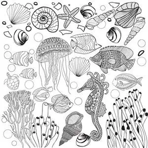 装饰性水下世界,海洋生物,鱼,鱼,海马. 轮廓矢量插图黑白成人着色书.