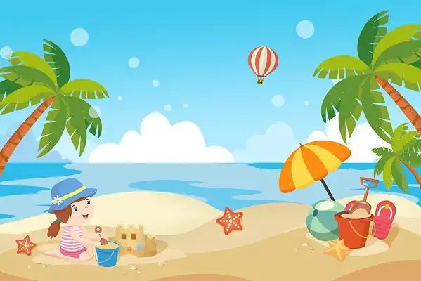 夏天海边沙滩插画瑜伽健身运动手绘写实人物插画海报卡通手绘唯美天空