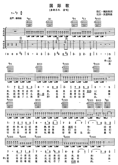 国际歌吉他谱_f调六线谱_扫弦版_唐朝乐队 - 51乐谱网