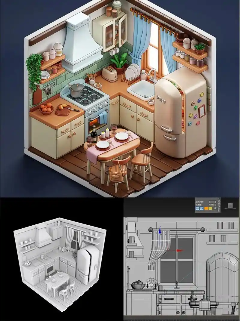 左滑查看小厨房场景建模细节,太解压啦~卡通小场景厨房建模使 - 抖音