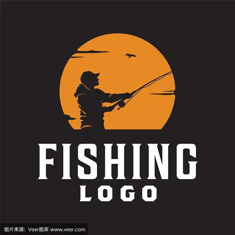 户外垂钓者垂钓日落剪影标志