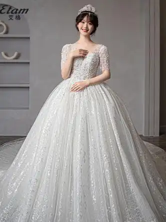 2023新款夏季新娘结婚法式主婚纱轻奢感拖尾15m款模特同款珍珠头纱裙s