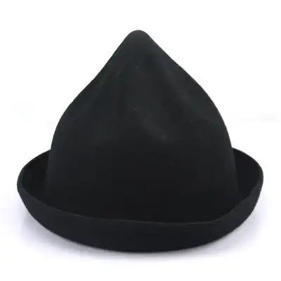 秋冬韩版保暖圆锥帽英伦原宿风小礼帽毛呢盆帽男女卷边尖尖帽