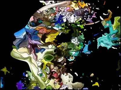 的自我的碎片纸红色破碎的心与木制人物的男人和女人在黑暗的感觉背景