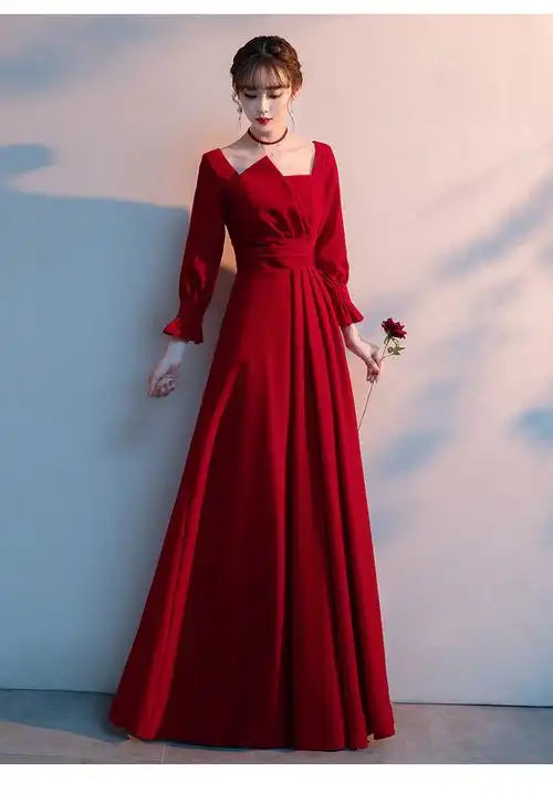 好货京选丝绒敬酒服新娘2021新款秋季气质法式长袖长款红色结婚晚礼服