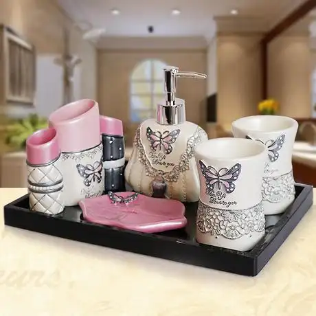 高档树脂卫浴五件套洗漱套装卫生间家居用品摆件洗浴新婚礼物包邮