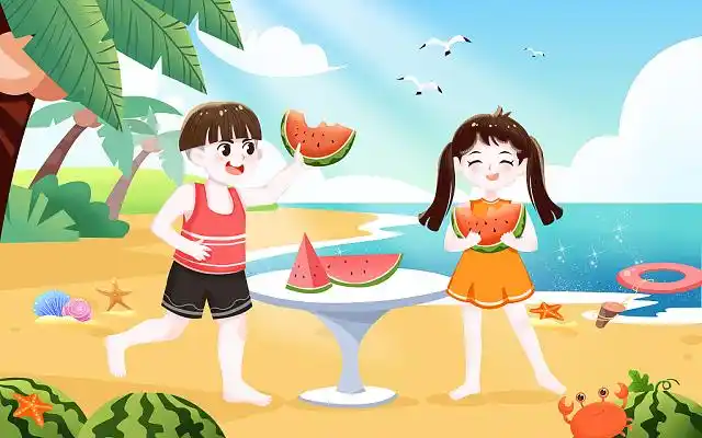 卡通立夏西瓜插画十二节气夏日炎炎开心欢乐吃西瓜夏日海滩