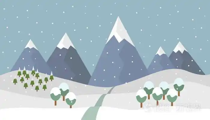 卡通下雪的冬天山景观与雪和针叶林, 落叶树木和通往山与雪盖群峰下