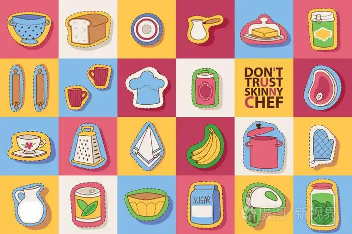 插画 厨房用具和烹饪剪贴簿贴纸, 补丁, 与食物和餐具向量例证.