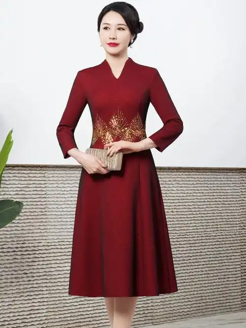 2022年新款婚礼妈妈装旗袍裙中式气质烫钻结婚喜婆婆婚宴晚会礼服