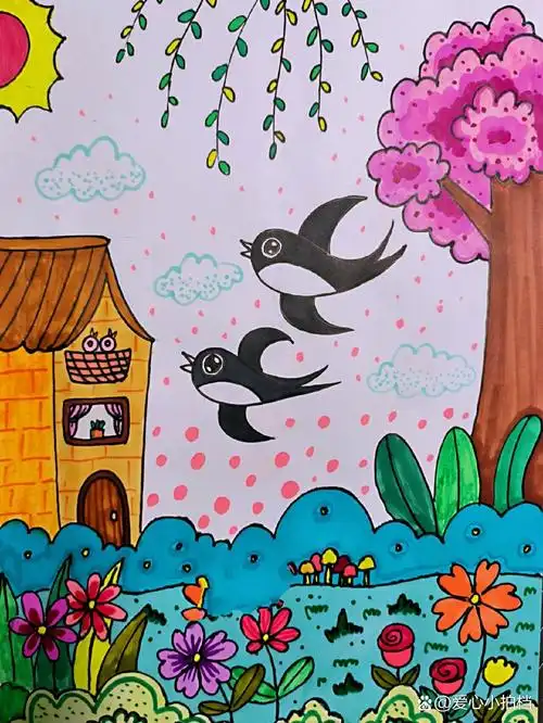 春天 小燕子  儿童画