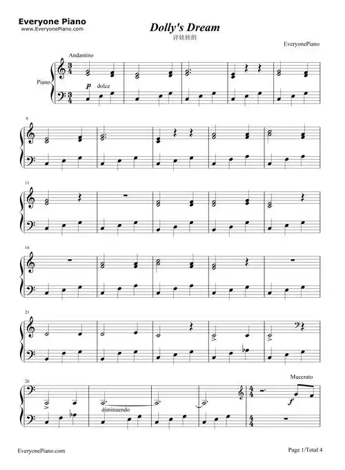 洋娃娃的梦儿童歌曲五线谱预览1