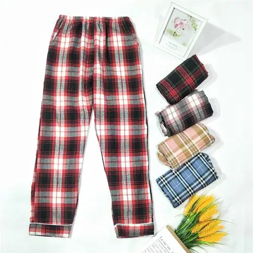 纯棉女士睡裤格子长裤秋冬款大码棉毛裤宽松家居睡裤
