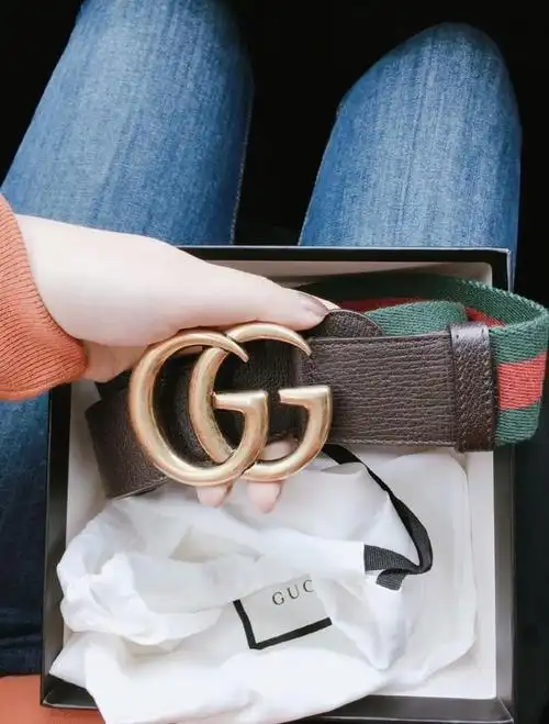 gucci古驰女士棕色皮革绿红条纹帆布织带金色双g腰带