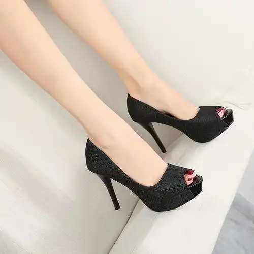 名媛气质防水台浅口细跟单鞋女秋2024新款宴会女鞋10cm鱼嘴高跟鞋