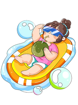 夏日户外海边活动场景日光浴卡通女孩喝椰子