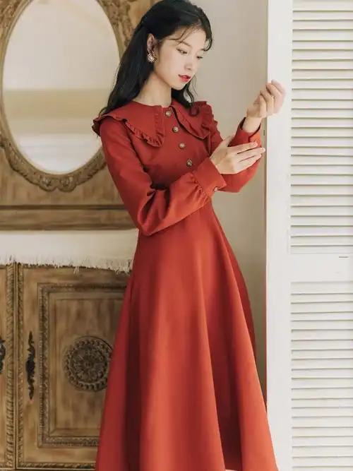 民国风小洋装复古港风红色订婚连衣裙秋冬季参加婚礼女装气质衣服