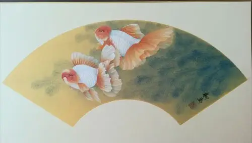 李新禹金笺金鱼扇面微展