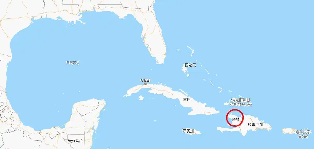 图片来源:百度地图海地共和国位于加勒比海北部,面积2.