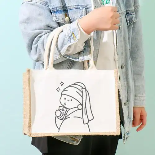 muji无印良品亚麻袋子 diy包包手绘麻布袋黄麻袋 手提复古麻布袋