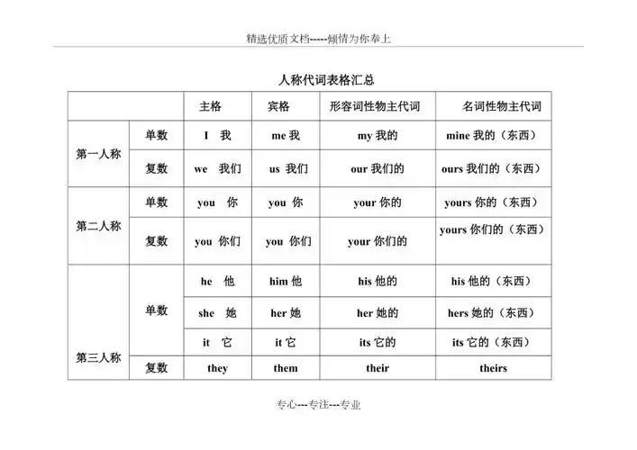 小学英语人称代词总结表格共3页