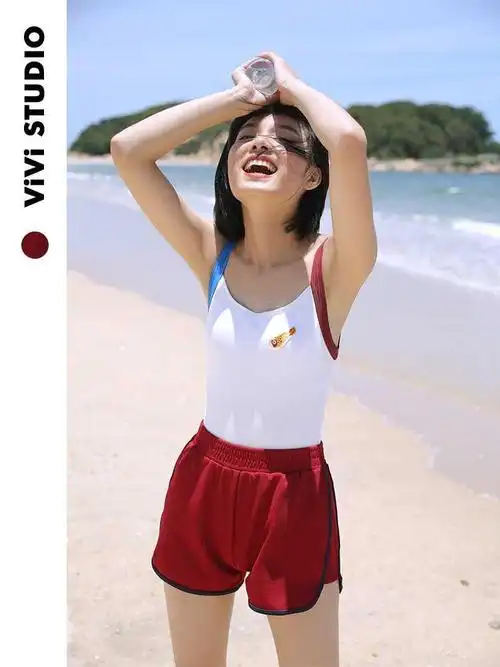 vivistudio日系复古撞色运动学生少女分体泳衣修身连体泳衣