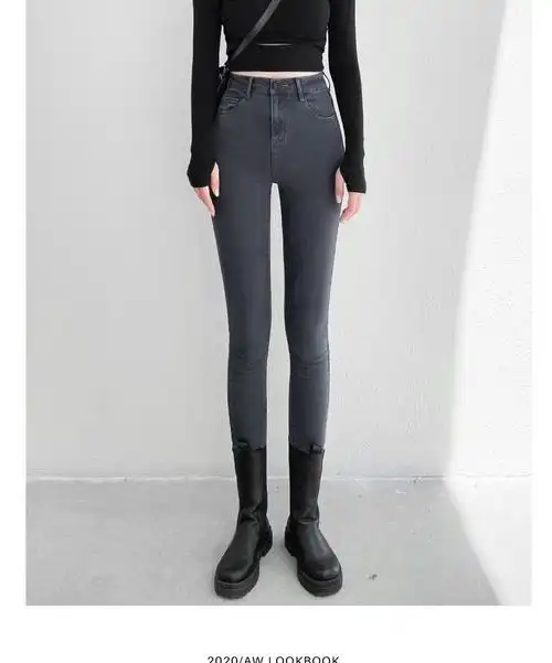 休闲裤女夏烟灰色牛仔裤女九分紧身小脚裤加绒2022夏新款显瘦高腰弹力