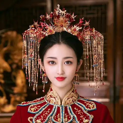 新娘头饰中式大气流苏古装秀禾服凤冠结婚秀禾头饰新款红色绮涵