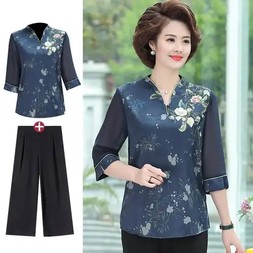 五十岁妈妈夏装洋气短袖t恤中年女中袖上衣中老年人两件套装60岁