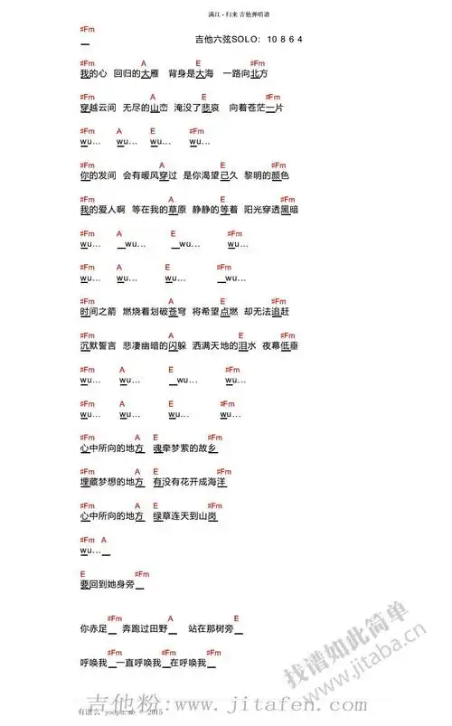 满江《归来》吉他谱_中国好歌曲_六线吉他弹唱图 吉他谱