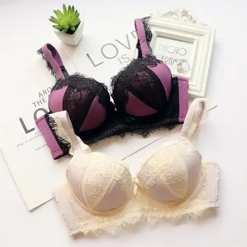 甜美蕾丝_洛丽塔日系甜美少女睫毛蕾丝文胸套装小胸加厚聚拢调整性感