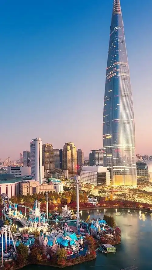 韩国,首尔,建筑物,摩天大楼,城市,公园,湖,秋天