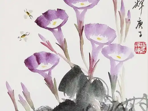 温泽辉水墨画《牵牛花》