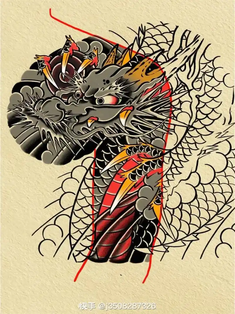 半甲龙纹身手稿分享#纹身手稿 #日式老传 #纹身图案手稿 # - 抖音