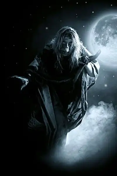 巫婆,骑,扫帚,正面,满月,星空