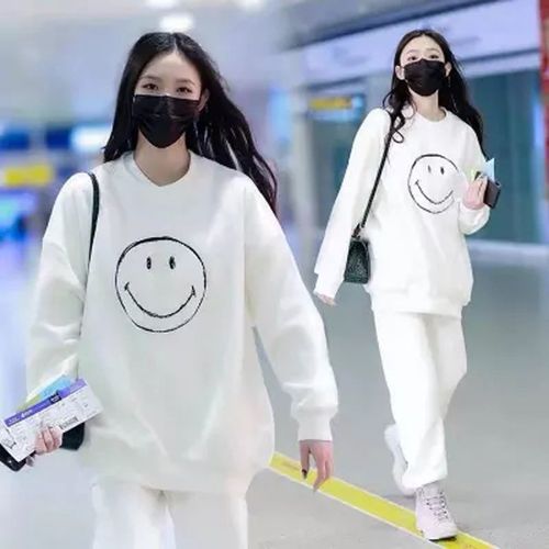 明星欧阳娜娜同款卫衣女2021年秋冬新款套装卫裤束脚长裤笑脸上衣