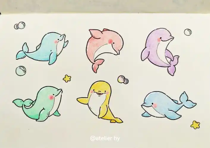 画一组会带来好运的小海豚吧附黑白线稿