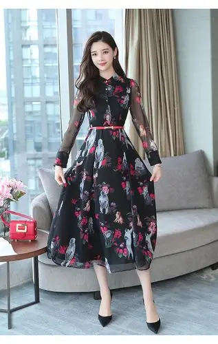 joy of joy 京东女装春季女装雪纺连衣裙女中长款修身显瘦大码裙子女